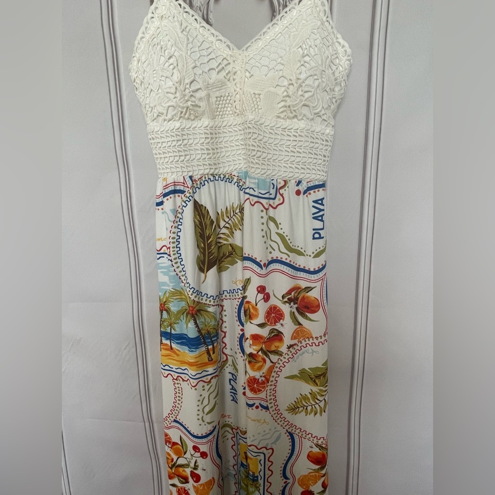 Derek Heart Small Boho Maxi Dress | Crochet Lace Top | Playa Print.  NWT!